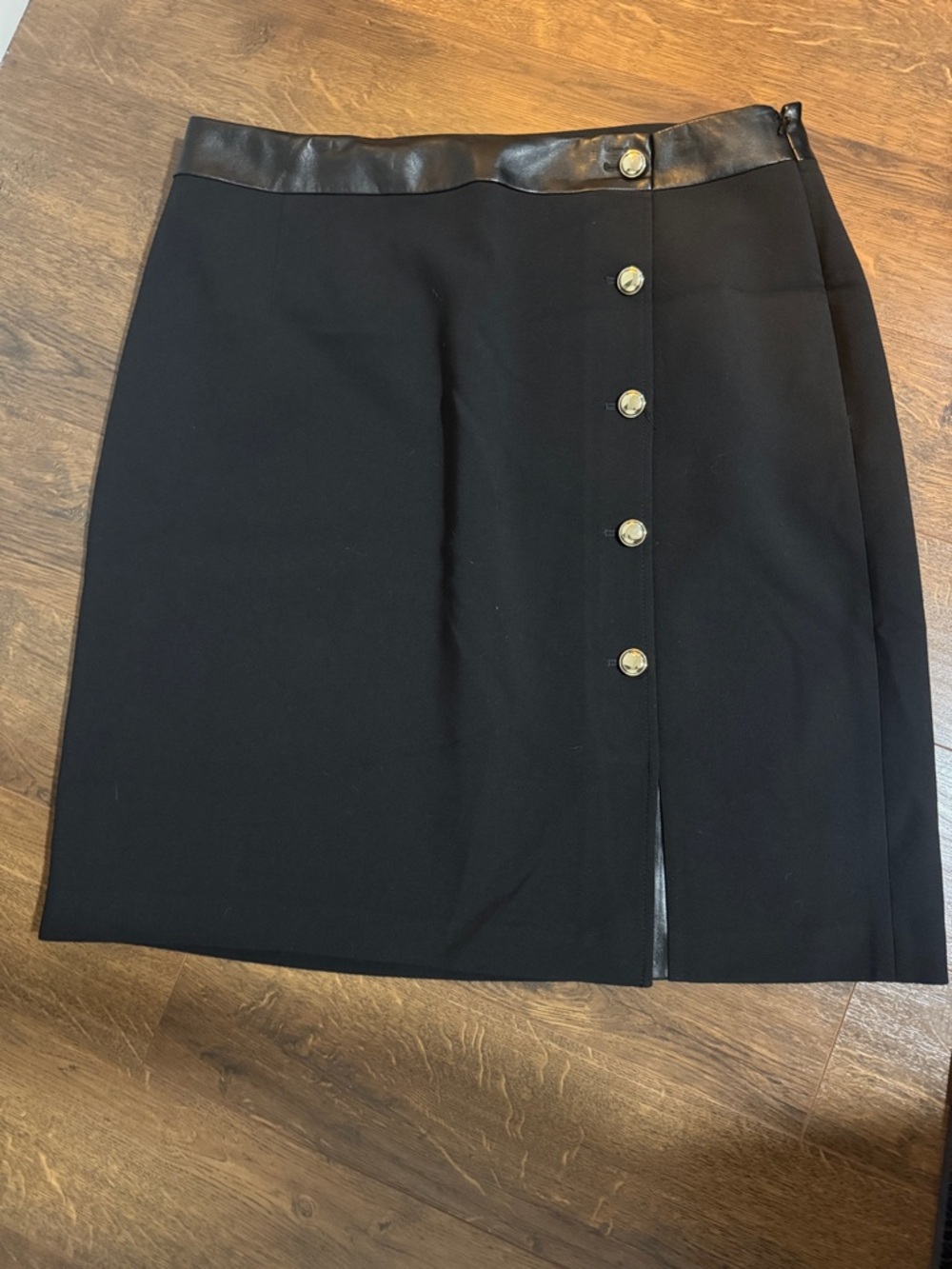 Black Button-Front Pencil Skirt with Faux Leather Trim